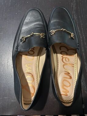 Sam Edelman Black Leather Loafers with Gold Horsebit